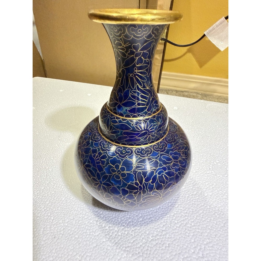 Vintage Chinese Blue Cloisonne-Style Floral Vase w/ Brass Rim/Base